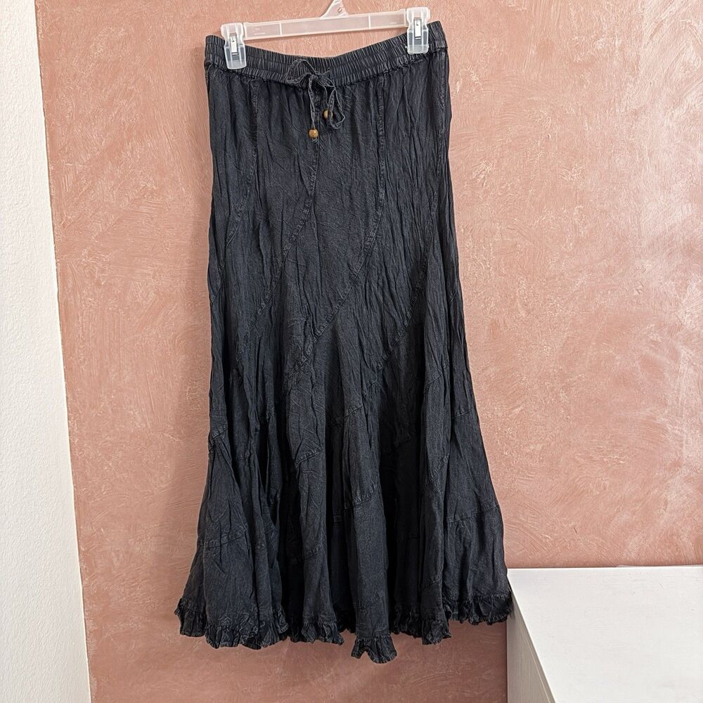Young Threads Black Textured Geometric Paneled Maxi Skirt Boho Viscose Large New - Picture 2 of 10